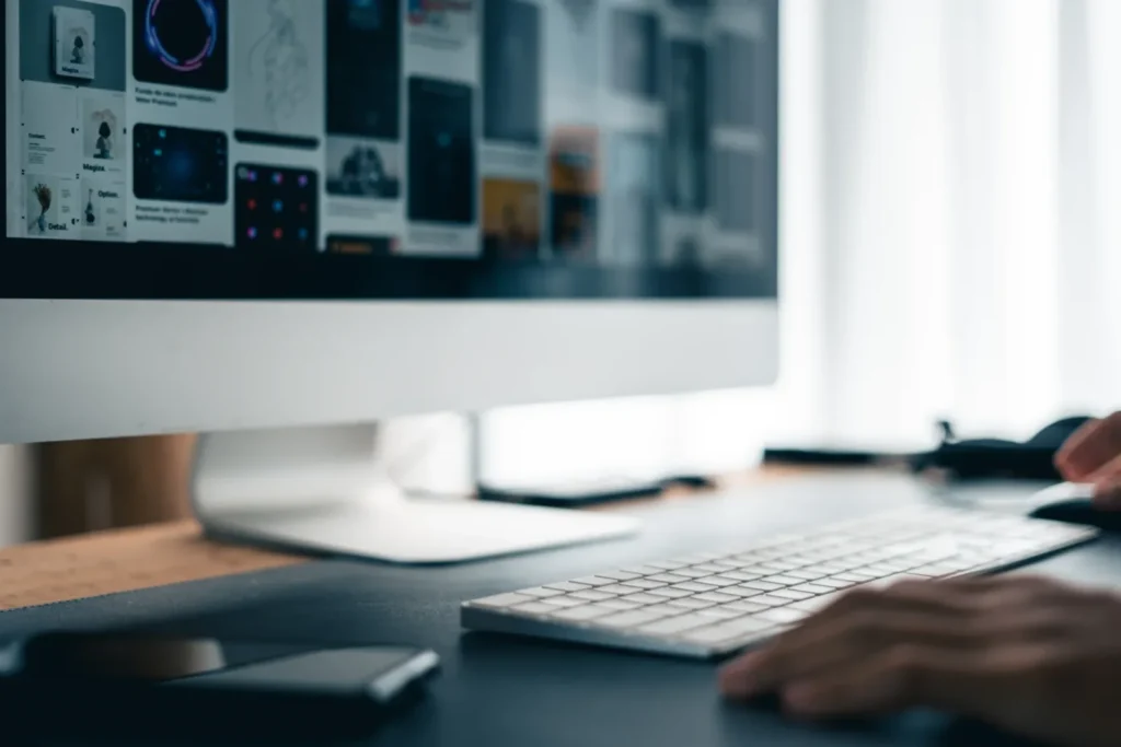 Web designer working on a desktop computer showing website design work